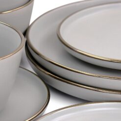Elama Louis 16 Piece Stoneware Dinnerware Set in Matte Slate with Gold Rim, (Arthur Paul Louis Set) - 8