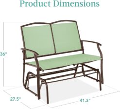 Best Choice Products 2-Person Outdoor Patio Swing Glider Steel Bench Loveseat Rocker for Deck, Porch w/Textilene Fabric, Steel Frame - Sage Green/Brown - 3