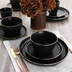 Elama Paul 16 Piece Stoneware Dinnerware Set in Matt Black with Gold Rim, Matte Black, 16 Piece Set (Arthur Paul Louis Set) - 9