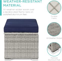 Best Choice Products Set of 2 Wicker Ottomans, Multipurpose Outdoor Furniture for Patio, Backyard, Additional Seating, Footrest, Side Table w/Storage, Removable Cushions - Gray/Navy - 4