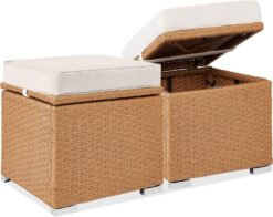 Best Choice Products Set of 2 Wicker Ottomans, Multipurpose Outdoor Furniture for Patio, Backyard, Additional Seating, Footrest, Side Table w/Storage, Removable Cushions - Natural/Ivory - 1