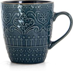 Elama Round Stoneware Embossed Dinnerware Dish Set, 16 Piece, Sea Blue with Brown Trim - 6