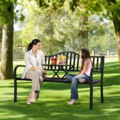 Yaheetech Outdoor Garden Bench w/Pullout Middle Table, Metal Patio Bench, Front Porch Bench for Backyard, Weather-Resistant Frame, Patio Seating for 2-3 Person, Black - 2