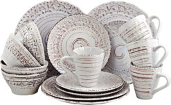 Elama Embossed Stoneware Ocean Dinnerware Dish Set, 16 Piece, Seashell and White Sand - 1