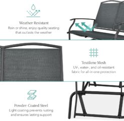 Best Choice Products 2-Person Outdoor Patio Swing Glider Steel Bench Loveseat Rocker for Deck, Porch w/Textilene Fabric, Steel Frame - Dark Gray - 5