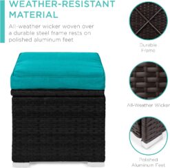 Best Choice Products Set of 2 Wicker Ottomans, Multipurpose Outdoor Furniture for Patio, Backyard, Additional Seating, Footrest, Side Table w/Storage, Removable Cushions - Black/Teal - 4