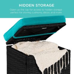 Best Choice Products Set of 2 Wicker Ottomans, Multipurpose Outdoor Furniture for Patio, Backyard, Additional Seating, Footrest, Side Table w/Storage, Removable Cushions - Black/Teal - 3