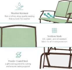 Best Choice Products 2-Person Outdoor Patio Swing Glider Steel Bench Loveseat Rocker for Deck, Porch w/Textilene Fabric, Steel Frame - Sage Green/Brown - 5