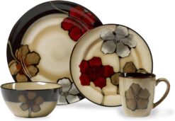 Pfaltzgraff Painted Poppies 16-Piece Stoneware Dinnerware Set, Service for 4, Tan/Assorted - - 1