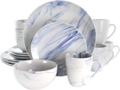 Elama Fine Round Gloss Dinnerware Dish Set, 16 Piece, Blue and White Marble - 1