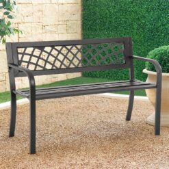 Garden Bench,Outdoor Benches,Iron Steel Frame Patio Bench with Mesh Pattern and Plastic Backrest Armrests for Lawn Yard Porch Work Entryway,Black - 7