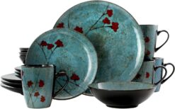 Elama Round Stoneware Floral Dinnerware Dish Set, 16 Piece, Blue with Red Accents - 1