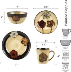 Pfaltzgraff Painted Poppies 16-Piece Stoneware Dinnerware Set, Service for 4, Tan/Assorted - - 2