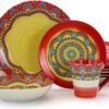 Elama Multicolored Round Stoneware Mandala Pattern Dinnerware Set, 16 Piece, Red - 1