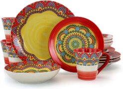 Elama Multicolored Round Stoneware Mandala Pattern Dinnerware Set, 16 Piece, Red - 1