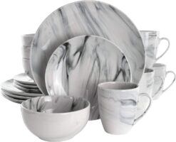 Elama Fine Round Gloss Dinnerware Dish Set, 16 Piece, Black and White Marble - 1