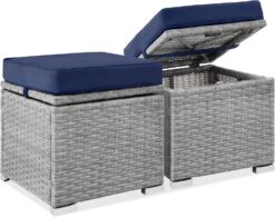 Best Choice Products Set of 2 Wicker Ottomans, Multipurpose Outdoor Furniture for Patio, Backyard, Additional Seating, Footrest, Side Table w/Storage, Removable Cushions - Gray/Navy - 1