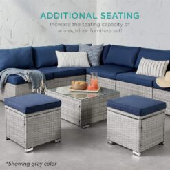 Best Choice Products Set of 2 Wicker Ottomans, Multipurpose Outdoor Furniture for Patio, Backyard, Additional Seating, Footrest, Side Table w/Storage, Removable Cushions - Gray/Navy - 6