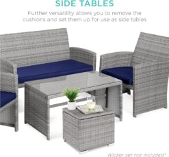 Best Choice Products Set of 2 Wicker Ottomans, Multipurpose Outdoor Furniture for Patio, Backyard, Additional Seating, Footrest, Side Table w/Storage, Removable Cushions - Gray/Navy - 7