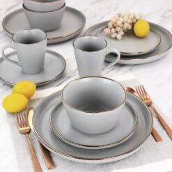 Elama Louis 16 Piece Stoneware Dinnerware Set in Matte Slate with Gold Rim, (Arthur Paul Louis Set) - 9