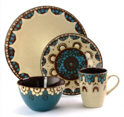 Elama Stoneware Dinnerware Collection, 16 Piece, Tan, Blue, Brown - 1