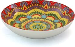 Elama Multicolored Round Stoneware Mandala Pattern Dinnerware Set, 16 Piece, Red - 5