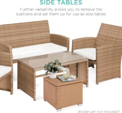 Best Choice Products Set of 2 Wicker Ottomans, Multipurpose Outdoor Furniture for Patio, Backyard, Additional Seating, Footrest, Side Table w/Storage, Removable Cushions - Natural/Ivory - 7