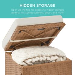 Best Choice Products Set of 2 Wicker Ottomans, Multipurpose Outdoor Furniture for Patio, Backyard, Additional Seating, Footrest, Side Table w/Storage, Removable Cushions - Natural/Ivory - 3