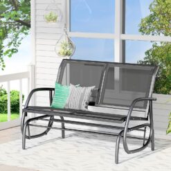 Outsunny 2-Person Outdoor Glider Bench, Patio Double Swing Rocking Chair Loveseat w/Powder Coated Steel Frame for Backyard Garden Porch, Black - 2