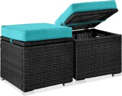 Best Choice Products Set of 2 Wicker Ottomans, Multipurpose Outdoor Furniture for Patio, Backyard, Additional Seating, Footrest, Side Table w/Storage, Removable Cushions - Black/Teal - 1