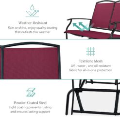 Best Choice Products 2-Person Outdoor Patio Swing Glider Steel Bench Loveseat Rocker for Deck, Porch w/Textilene Fabric, Steel Frame - Burgundy/Black - 5