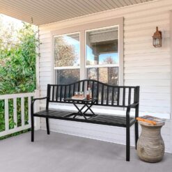 Yaheetech Outdoor Garden Bench w/Pullout Middle Table, Metal Patio Bench, Front Porch Bench for Backyard, Weather-Resistant Frame, Patio Seating for 2-3 Person, Black - 4