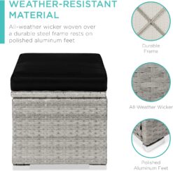 Best Choice Products Set of 2 Wicker Ottomans, Multipurpose Outdoor Furniture for Patio, Backyard, Additional Seating, Footrest, Side Table w/Storage, Removable Cushions - Gray/Black - 4