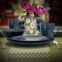 Elama Round Stoneware Embossed Dinnerware Dish Set, 16 Piece, Sea Blue with Brown Trim - 10