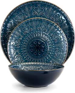 Elama Round Stoneware Embossed Dinnerware Dish Set, 16 Piece, Sea Blue with Brown Trim - 2