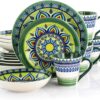 Elama Multicolored Round Stoneware Mandala Pattern Dinnerware Set, 16 Piece, Green - 1