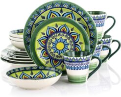 Elama Multicolored Round Stoneware Mandala Pattern Dinnerware Set, 16 Piece, Green - 1