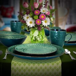 Elama Round Stoneware Embossed Dinnerware Dish Set, 16 Piece, Ocean Teal and Green - 9