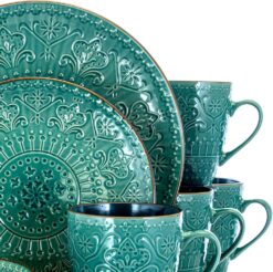Elama Round Stoneware Embossed Dinnerware Dish Set, 16 Piece, Ocean Teal and Green - 8