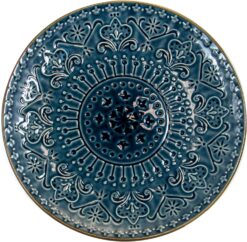 Elama Round Stoneware Embossed Dinnerware Dish Set, 16 Piece, Sea Blue with Brown Trim - 9