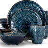 Elama Round Stoneware Embossed Dinnerware Dish Set, 16 Piece, Sea Blue with Brown Trim - 1