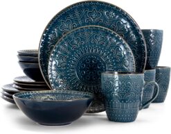 Elama Round Stoneware Embossed Dinnerware Dish Set, 16 Piece, Sea Blue with Brown Trim - 1