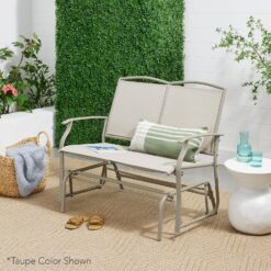 Best Choice Products 2-Person Outdoor Patio Swing Glider Steel Bench Loveseat Rocker for Deck, Porch w/Textilene Fabric, Steel Frame - Ivory/Gray - 2