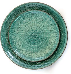 Elama Round Stoneware Embossed Dinnerware Dish Set, 16 Piece, Ocean Teal and Green - 3