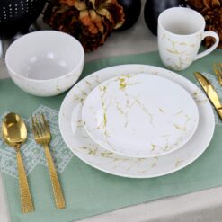 Elama Fine Marble Round Gloss Dinnerware Dish Set, 16 Piece, White and Gold - 8