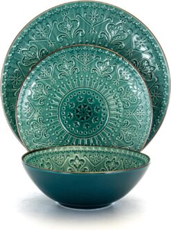 Elama Round Stoneware Embossed Dinnerware Dish Set, 16 Piece, Ocean Teal and Green - 2