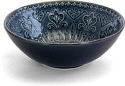 Elama Round Stoneware Embossed Dinnerware Dish Set, 16 Piece, Sea Blue with Brown Trim - 5