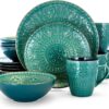 Elama Round Stoneware Embossed Dinnerware Dish Set, 16 Piece, Ocean Teal and Green - 1