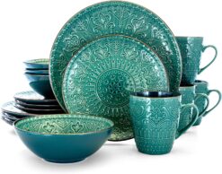 Elama Round Stoneware Embossed Dinnerware Dish Set, 16 Piece, Ocean Teal and Green - 1