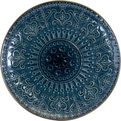 Elama Round Stoneware Embossed Dinnerware Dish Set, 16 Piece, Sea Blue with Brown Trim - 8